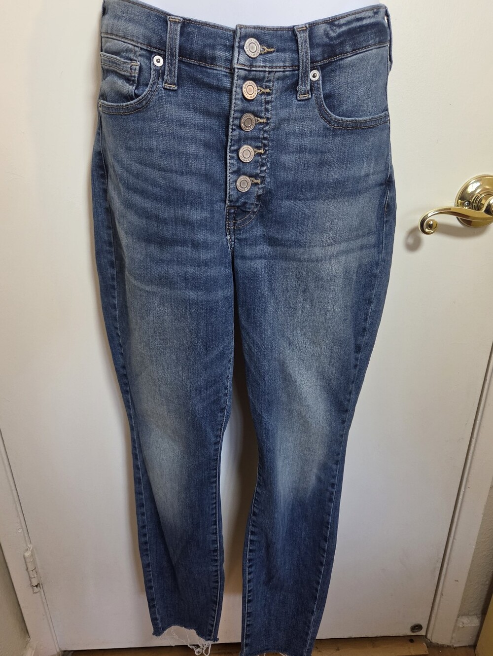 High Rise Skinny Jeans Button Fly Raw Hem Crop Medium Wash Boho Size 4/27